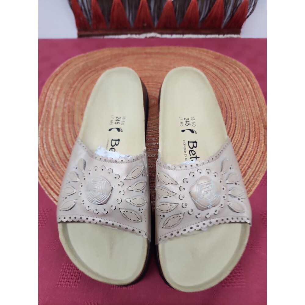 NWOB Birkenstock Betula Metallic Pink Slide Sandal EU38 US7 Laser Cut Flower